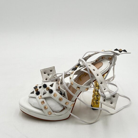 FSJ Ivory Gold Metal Chain Thick High Heel Open Toe Strappy Ankle Buckle Sandals - Picture 2 of 8